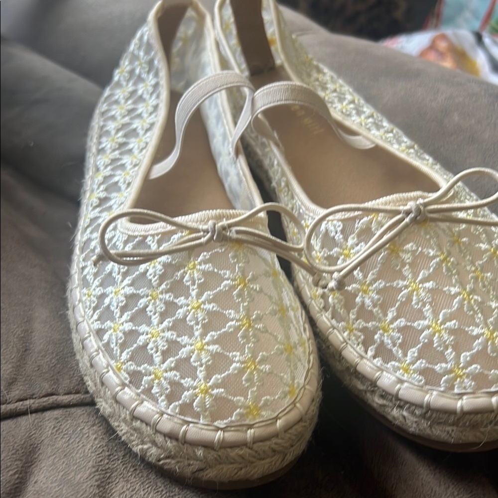 Madden Girl Cream and Yellow Espadrille Flats with Crochet Design